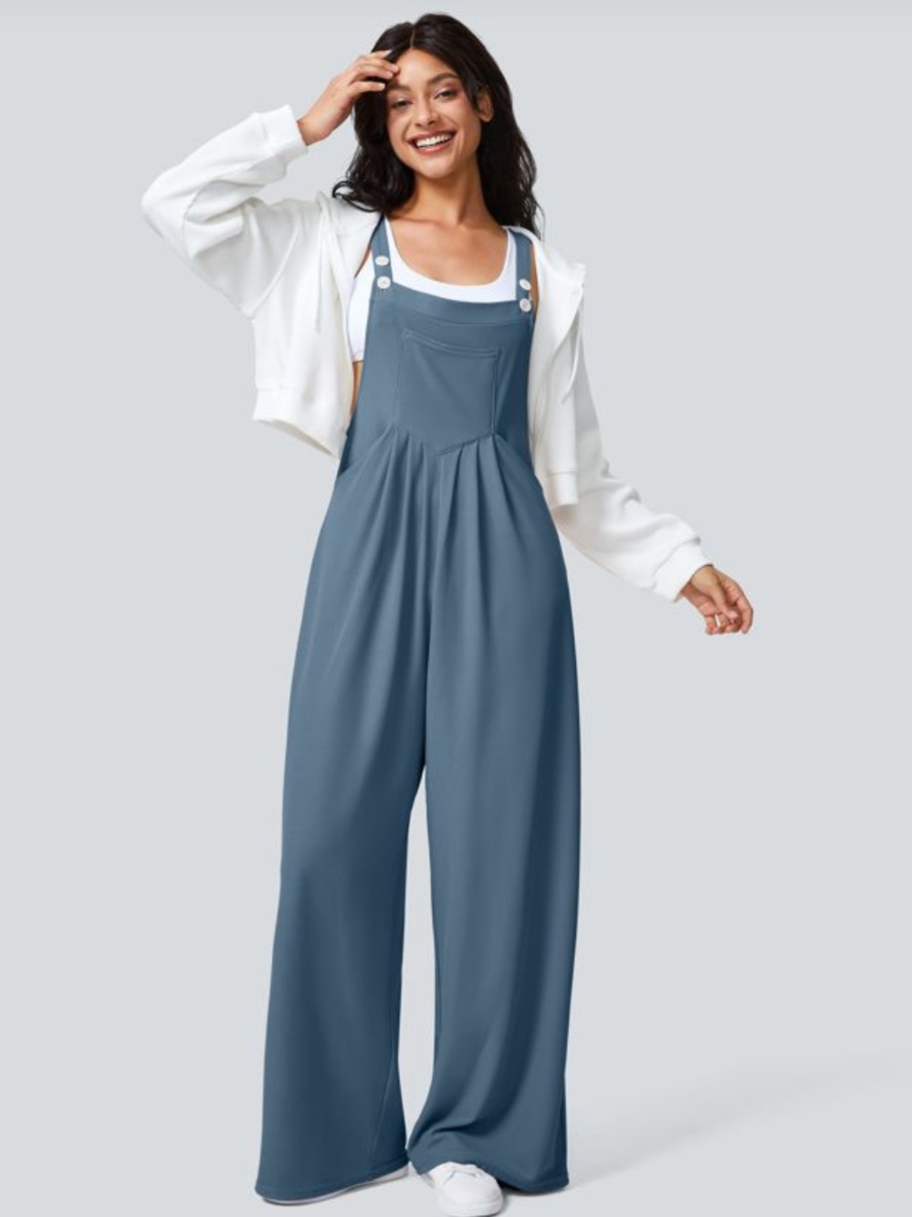 Halara Waffle Knit Overalls Pockets Women's Blue Adjustable Relaxed Fit Medium